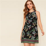 SHEIN Aztec Print Keyhole Back Summer Dress Sleeveless Round Neck Straight Women Dresses Boho Floral Tank Mini Dress