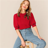 SHEIN Ladies Casual Green Puff Sleeve Keyhole Back Solid Top And Blouse Women 2019 Summer Workwear Half Sleeve Elegant Blouses