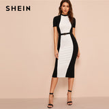 SHEIN Colorblock Bodycon Pencil Midi Dress Without Belt Women Multicolor Stand Collar Weekend Casual Ladies Long Sheath Dress