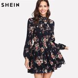 SHEIN Autumn Floral Women Dresses Multicolor Elegant Long Sleeve High Waist A Line Chic Dress Ladies Tie Neck Dress