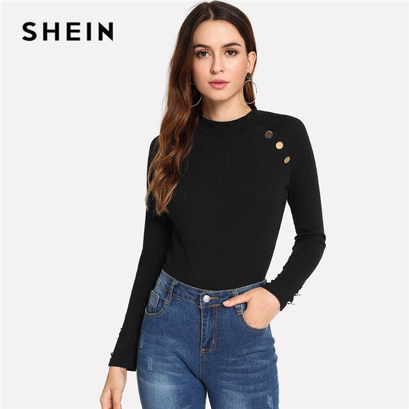 SHEIN Black Modern Lady Weekend Casual Ribbed Knit Button Mock Neck Stand Collar Slim Fit Tee 2018 Autumn Women Tshirt Top