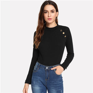 SHEIN Black Modern Lady Weekend Casual Ribbed Knit Button Mock Neck Stand Collar Slim Fit Tee 2018 Autumn Women Tshirt Top