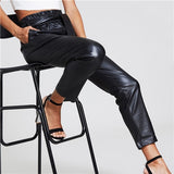 SHEIN Highstreet Black Frill Belted Waist PU Leather Pencil Solid Ankle-Length Pants Women 2019 Autumn Night Out Slim Trousers