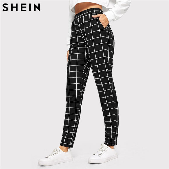 SHEIN Black Plaid Mid Waist Skinny Carrot Trousers Autumn Women Casual Slim Fit Vertical Women Pencil Streetwear Pants