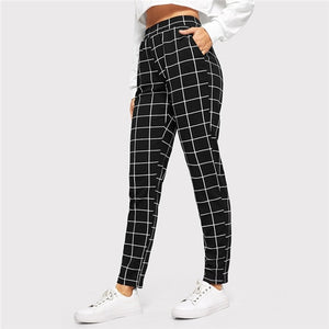 SHEIN Black Plaid Mid Waist Skinny Carrot Trousers Autumn Women Casual Slim Fit Vertical Women Pencil Streetwear Pants