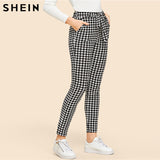 SHEIN Drawstring Waist Houndstooth Pants Mid Waist Straight Leg Pants 2019 Autumn Casual Women Trousers