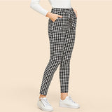 SHEIN Drawstring Waist Houndstooth Pants Mid Waist Straight Leg Pants 2019 Autumn Casual Women Trousers