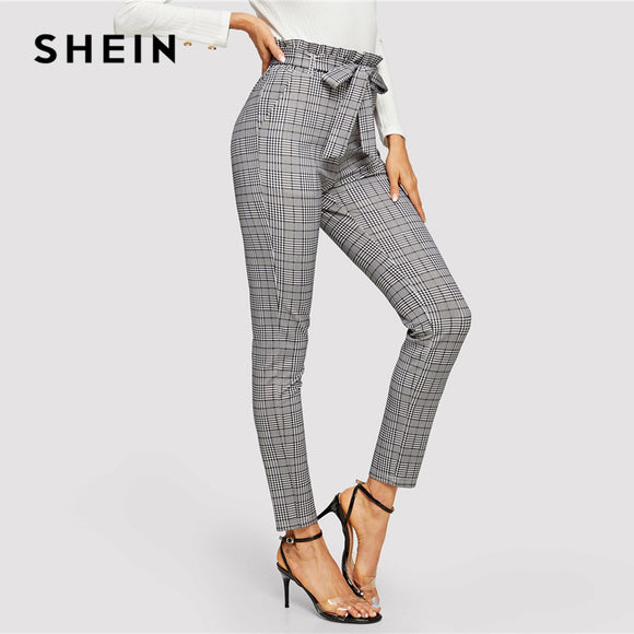 SHEIN Grey Paperbag Waist Plaid Cigarette Pants Belted High Waist Pencil Pants Women Spring Casual Office Lady Workwear Trousers