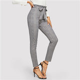 SHEIN Grey Paperbag Waist Plaid Cigarette Pants Belted High Waist Pencil Pants Women Spring Casual Office Lady Workwear Trousers