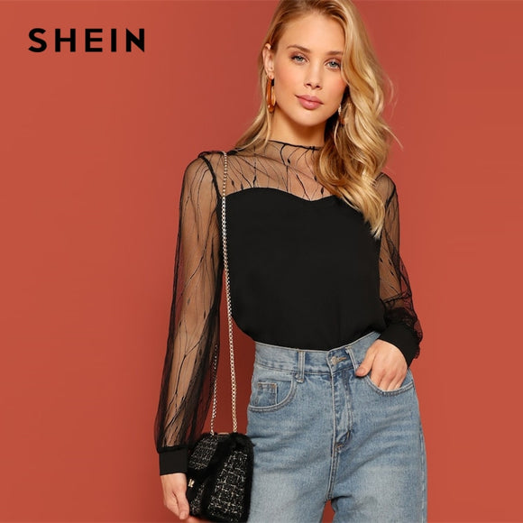 SHEIN Black Sheer Contrast Mesh Yoke Sweetheart Neck Round Neck Top Women Spring Elegant Autumn Casual Plain Tops and Blouses