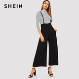 SHEIN Black Zip Back Slant Pocket Pleated Front Wide Leg Suspender Pants Women Straps Trousers Office Lady Spring Workwear Pants