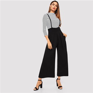 SHEIN Black Zip Back Slant Pocket Pleated Front Wide Leg Suspender Pants Women Straps Trousers Office Lady Spring Workwear Pants