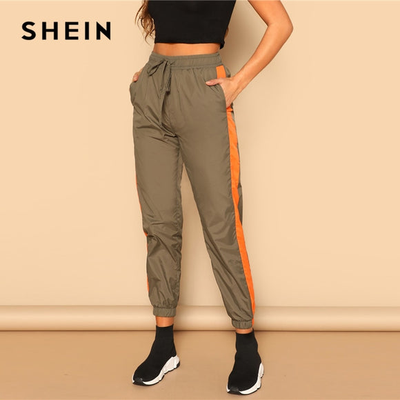 SHEIN Army Green Drawstring Waist Contrast Tape Side Utility