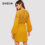 SHEIN Bohemian Ginger Slit Back Lantern Raglan Sleeve Lace Insert Dress Women Summer Fringe Belted Tunic Mini Elegant Dresses