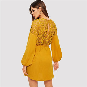 SHEIN Bohemian Ginger Slit Back Lantern Raglan Sleeve Lace Insert Dress Women Summer Fringe Belted Tunic Mini Elegant Dresses