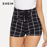 SHEIN Black Lace Up Front Plaid Skinny Sexy and Club Shorts Women Mid Waist 2019 Summer High Street Glamorous Casual Shorts