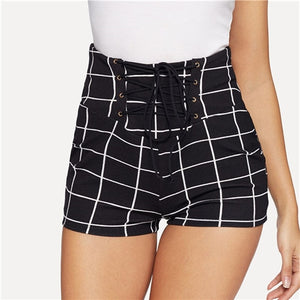 SHEIN Black Lace Up Front Plaid Skinny Sexy and Club Shorts Women Mid Waist 2019 Summer High Street Glamorous Casual Shorts