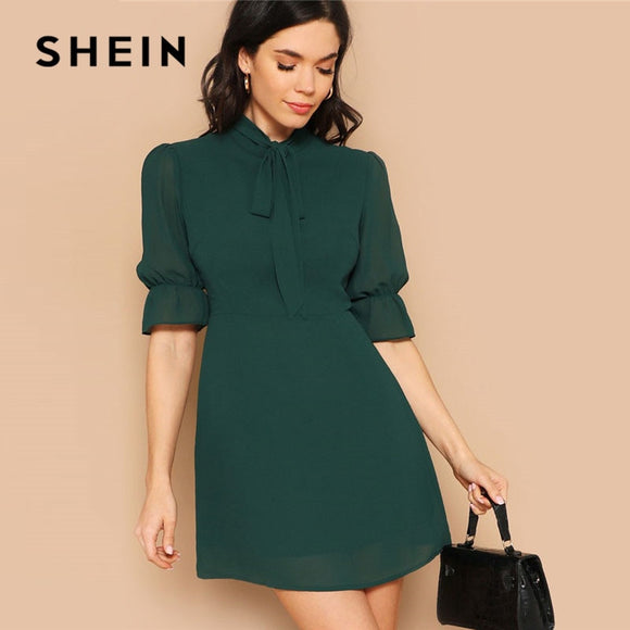 SHEIN Lady Green Elegant Tie Neck Stand Collar Flounce Sleeve