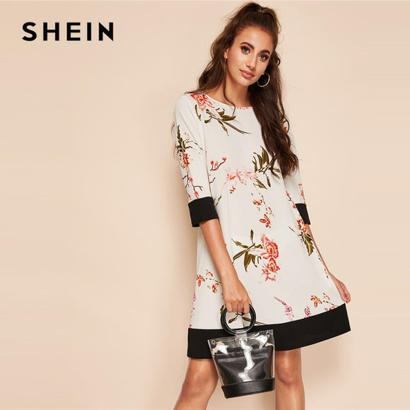 SHEIN Boho White Botanical Floral Print Two Tone Colorblock Straight Dress Women Summer Round Neck Short Solid Shift Dresses