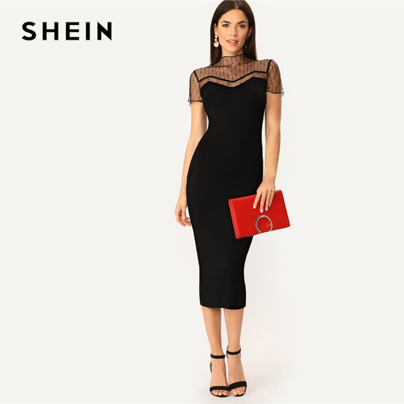 SHEIN Black Striped Mesh Yoke Pencil Straight Plain Dress Women Casual 2019 Summer Morden Lady Stand Collar Bodycon Dresses