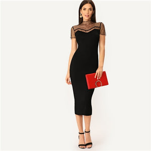 SHEIN Black Striped Mesh Yoke Pencil Straight Plain Dress Women Casual 2019 Summer Morden Lady Stand Collar Bodycon Dresses