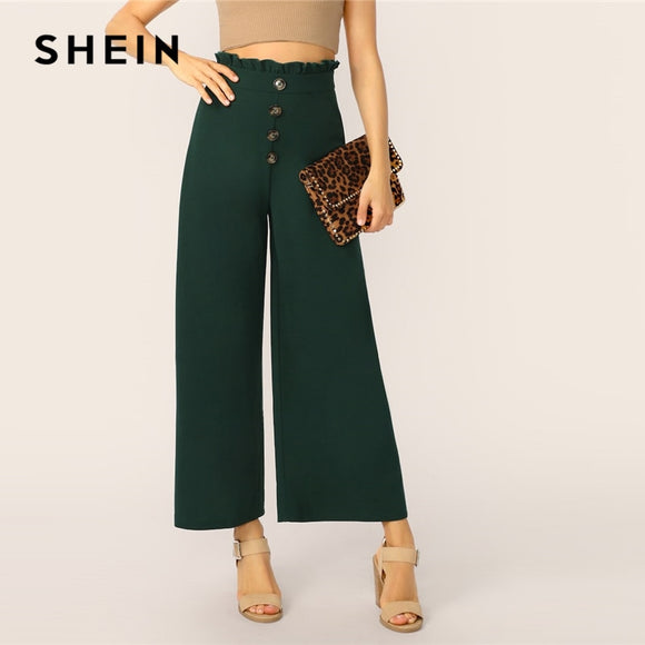 SHEIN Green Paperbag Waist Button Front Wide Leg Plain