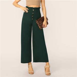 SHEIN Green Paperbag Waist Button Front Wide Leg Plain