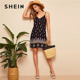 SHEIN Black Sexy Tribal Print Cami Summer Dress Women Boho Beach V Neck Adjustable Spaghetti Strap Backless Mini Dress