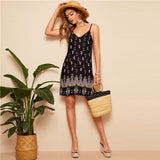 SHEIN Black Sexy Tribal Print Cami Summer Dress Women Boho Beach V Neck Adjustable Spaghetti Strap Backless Mini Dress