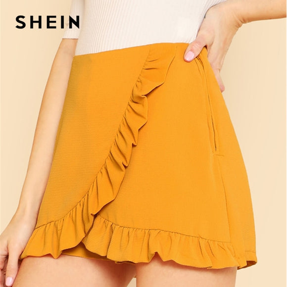 SHEIN Ginger Ruffle Trim Overlap Skort Vacation Mid Waist Zipper Fly Shorts Women Autumn Highstreet Beach Boho Party Shorts