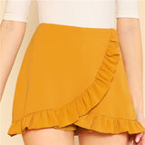 SHEIN Ginger Ruffle Trim Overlap Skort Vacation Mid Waist Zipper Fly Shorts Women Autumn Highstreet Beach Boho Party Shorts