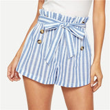 SHEIN Blue or Green Paper-bag Pleated Waist Buttoned Belt Knot Striped Shorts Women Summer Highstreet Preppy Casual Mini Shorts