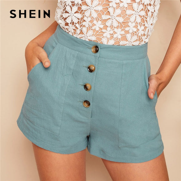 SHEIN Casual Pastel Blue Button Fly Patch Pocket Straight Leg Shorts Women Summer Mid Waist Solid 2019 Streetwear Shorts