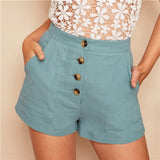 SHEIN Casual Pastel Blue Button Fly Patch Pocket Straight Leg Shorts Women Summer Mid Waist Solid 2019 Streetwear Shorts