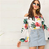 SHEIN Boho White Botanical Print Flare Sleeve Bardot Crop Top Blouse Women Off the Shoulder Spring Autumn Beach Style Blouses