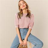 SHEIN Ladies Casual Green Puff Sleeve Keyhole Back Solid Top And Blouse Women 2019 Summer Workwear Half Sleeve Elegant Blouses