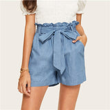 SHEIN Casual Blue Paperbag Waist Twin Pocket Patched Belted Denim Shorts Women Summer 2019 High Waist Wide Leg Solid Shorts