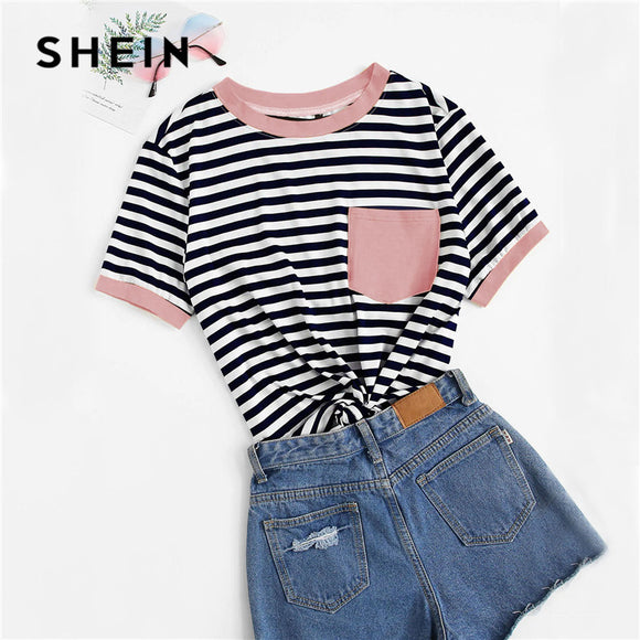 SHEIN Casual Pocket Patched Striped Ranger T Shirt Women