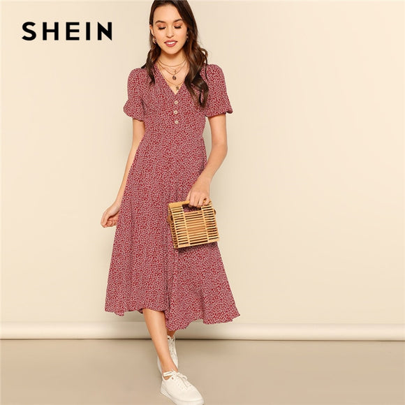 SHEIN Button Front Allover Print V-Neck Dress Women 2019 Posh Summer Burgundy A Line Short Sleeve Fit and Flare Dresses