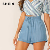 SHEIN Blue Drawstring Waist Cuffed High Waist Shorts Women Summer Autumn Elastic Frilled Waist Straight Leg Casual Shorts