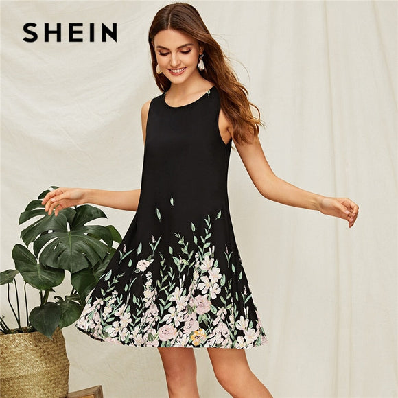 SHEIN Flower And Leaf Print Trapeze Summer Dress Women Boho Sleeveless Round Neck Black Dress A Line Casual Mini Dresses