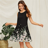 SHEIN Flower And Leaf Print Trapeze Summer Dress Women Boho Sleeveless Round Neck Black Dress A Line Casual Mini Dresses