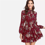 SHEIN Autumn Floral Women Dresses Multicolor Elegant Long Sleeve High Waist A Line Chic Dress Ladies Tie Neck Dress