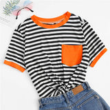 SHEIN Casual Pocket Patched Striped Ranger T Shirt Women