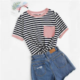 SHEIN Casual Pocket Patched Striped Ranger T Shirt Women