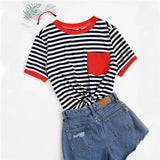 SHEIN Casual Pocket Patched Striped Ranger T Shirt Women