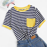 SHEIN Casual Pocket Patched Striped Ranger T Shirt Women