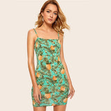 SHEIN Allover Pineapple Tropical Print Cami Dress Multicolor Sleeveless Sheath Mini Dresses Women Summer Vacation Beach Dress