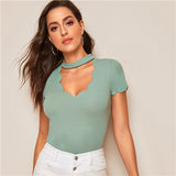 SHEIN Elegant Mock Neck Scallop Trim Cut Out V Collar Short Sleeve Solid Tee Summer Women Weekend Casual T-shirt Top