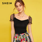 SHEIN Frill Mesh Sleeve Ruched Front Tee 2019 Elegant